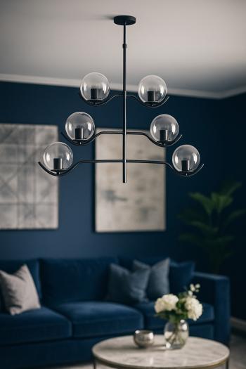 Avizemoda Ranya 6 Lı Şeffaf Camlı Salon Oturma Odası Modern Kollu Avize - (SİYAH)