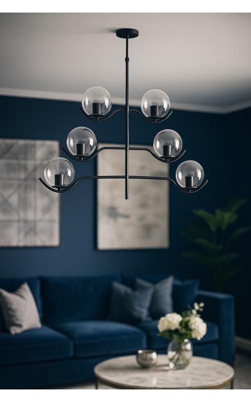 Avizemoda Ranya 6 Lı Şeffaf Camlı Salon Oturma Odası Modern Kollu Avize - (SİYAH)