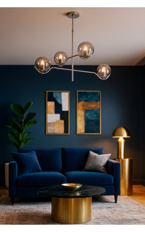 Avizemoda Ranya 4 Lü Füme Camlı Salon Oturma Odası Modern Kollu Avize - (KROM KAPLAMA)