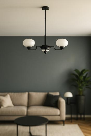 Avizemoda Vanna 3 lü Beyaz Camlı Salon Oturma Odası Modern Sarkıt Avize - (Siyah)