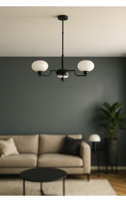 Avizemoda Vanna 3 lü Beyaz Camlı Salon Oturma Odası Modern Sarkıt Avize - (Siyah)