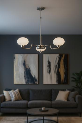 Avizemoda Vanna 3 lü Beyaz Camlı Salon Oturma Odası Modern Sarkıt Avize - (Krom Kaplama)