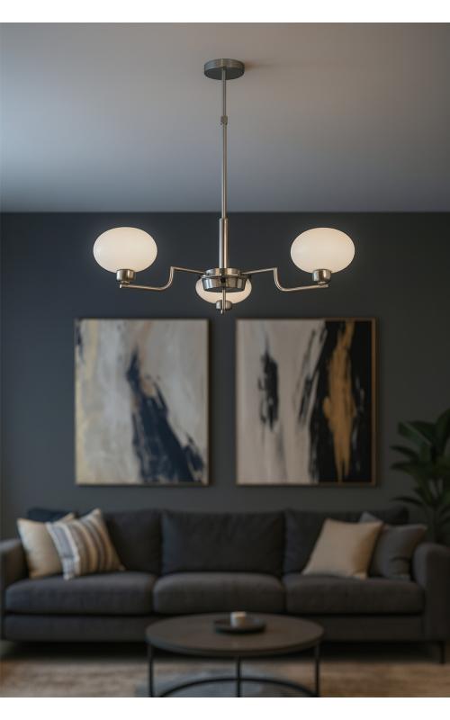 Avizemoda Vanna 3 lü Beyaz Camlı Salon Oturma Odası Modern Sarkıt Avize - (Krom Kaplama)