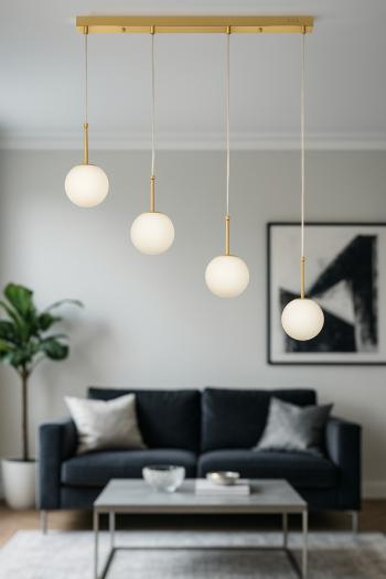 Avizemoda Miya 4 lü Yemek Masası Üstü Beyaz Camlı Modern Sarkıt Avize - (Gold Kaplama)