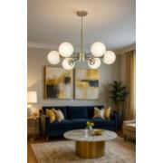 Avizemoda Miya 6 lı Beyaz Camlı Salon Oturma Odası Modern Sarkıt Avize - (Krom Kaplama)