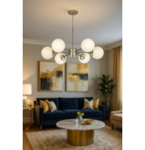Avizemoda Miya 6 lı Beyaz Camlı Salon Oturma Odası Modern Sarkıt Avize - (Krom Kaplama)