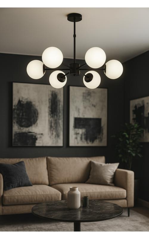 Avizemoda Miya 6 lı Beyaz Camlı Salon Oturma Odası Modern Sarkıt Avize - (Siyah)