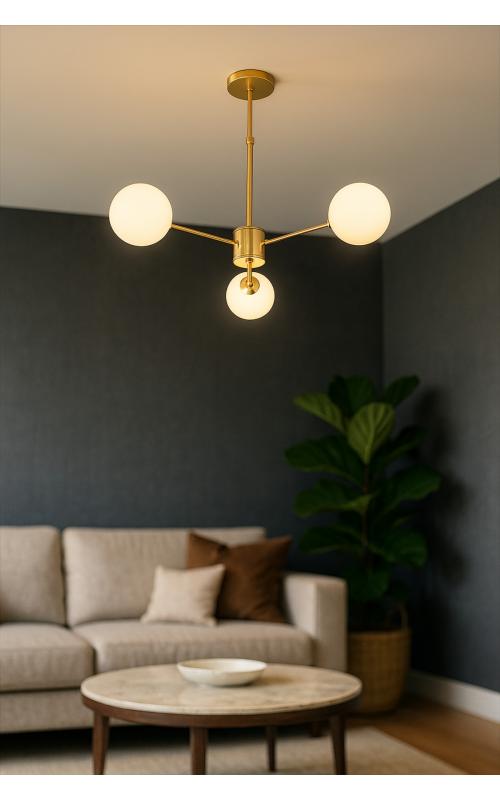 Avizemoda Miya 3 lü Beyaz Camlı Salon Oturma Odası Modern Sarkıt Avize - (Gold Kaplama)