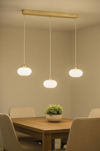 Avizemoda Vanna 3 lü Yemek Masası Üstü Beyaz Camlı Modern Sarkıt Avize - (Gold Kaplama)