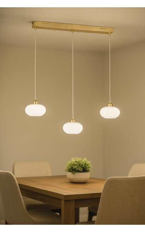 Avizemoda Vanna 3 lü Yemek Masası Üstü Beyaz Camlı Modern Sarkıt Avize - (Gold Kaplama)