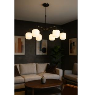 Avizemoda Siena 6 lı Beyaz Camlı Salon Oturma Odası Modern Sarkıt Avize - (Siyah)