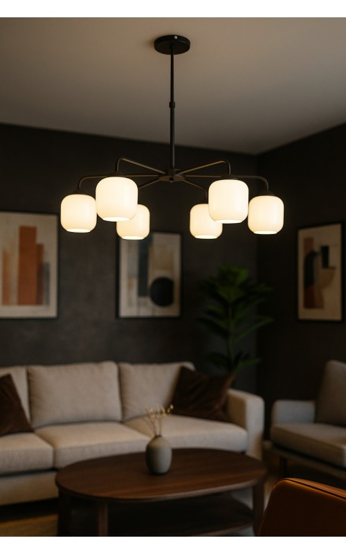 Avizemoda Siena 6 lı Beyaz Camlı Salon Oturma Odası Modern Sarkıt Avize - (Siyah)