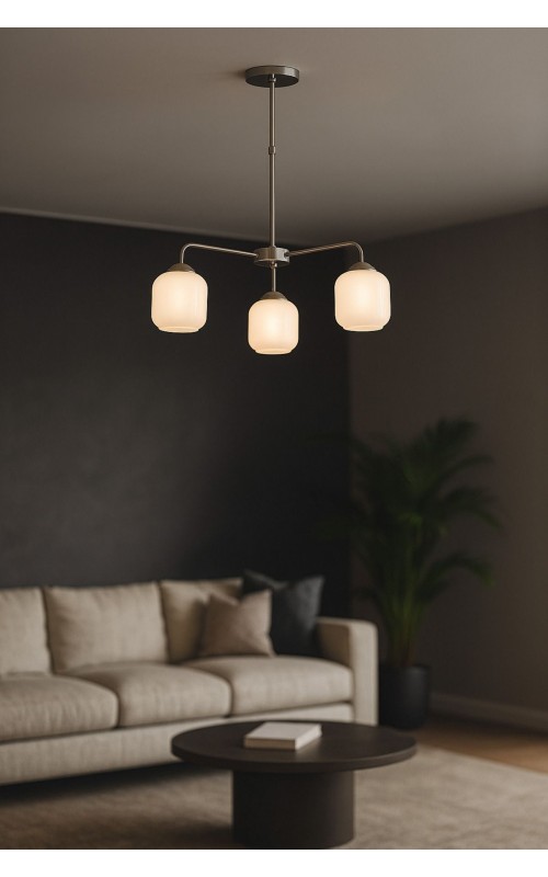 Avizemoda Siena 3 lü Beyaz Camlı Salon Oturma Odası Modern Sarkıt Avize - (Krom Kaplama)