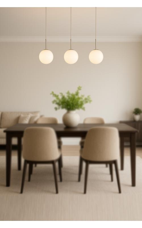 Avizemoda Miya 3 lü Yemek Masası Üstü Beyaz Camlı Modern Sarkıt Avize - (Krom Kaplama)