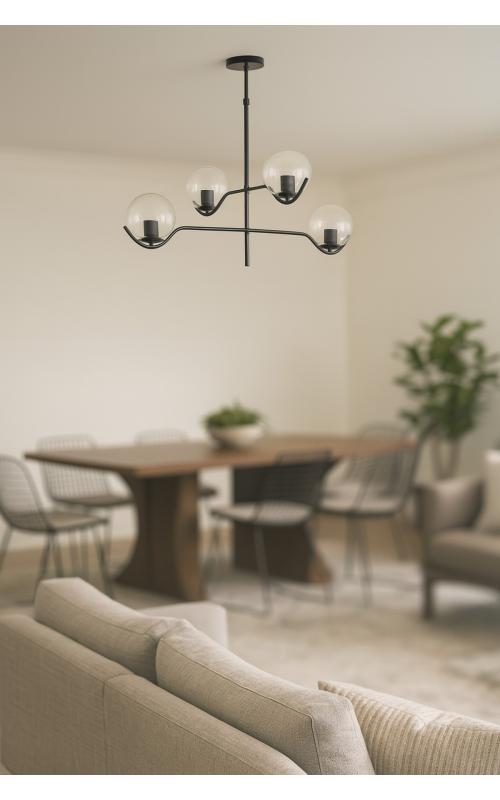 Avizemoda Ranya 4 Lü Şeffaf Camlı Salon Oturma Odası Modern Kollu Avize - (SİYAH)