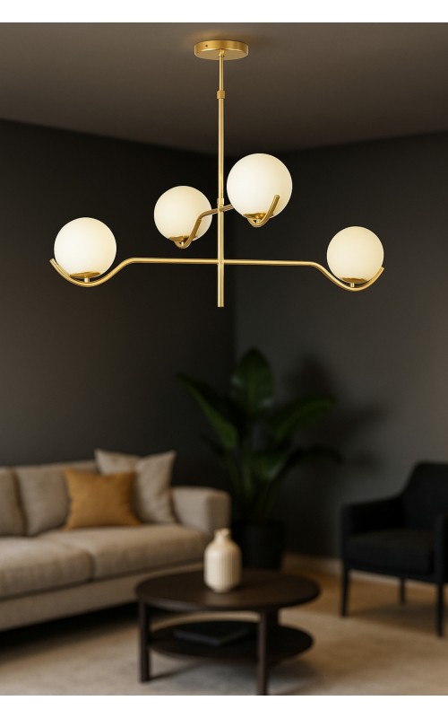 Avizemoda Ranya 4 lü Beyaz Camlı Salon Oturma Odası Modern Kollu Avize - (Gold Kaplama)