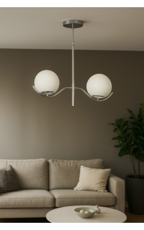 Avizemoda Ranya 2 li Beyaz Camlı Salon Oturma Odası Modern Avize - (Krom Kaplama)