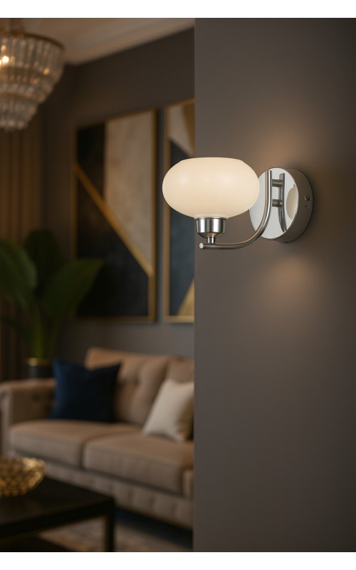 Avizemoda Vanna Aplik Beyaz Camlı Salon Oturma Odası Modern (Krom Kaplama)