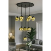 Avizemoda Side 10 lu Gold Camlı Salon Oturma Odası Modern Sarkıt Avize - (Siyah Kasa)