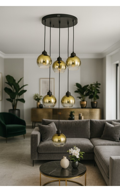 Avizemoda Side 6 lı Gold Camlı Salon Oturma Odası Modern Sarkıt Avize - (Siyah Kasa)