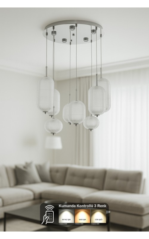 Avizemoda Torino 8'li Power Ledli Kumandalı Modern Lüks Sarkıt Avize, 3 Renk: Sarı-beyaz-gün Işığı - Krom