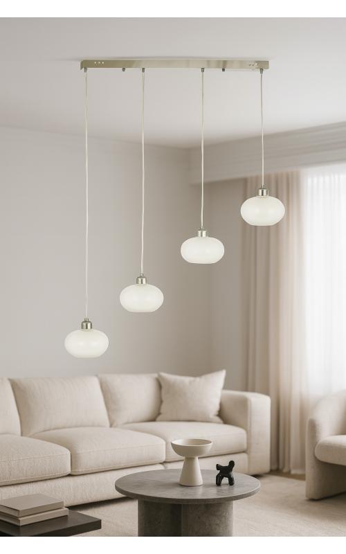 Avizemoda Vanna 4 lü Yemek Masası Üstü Beyaz Camlı Modern Sarkıt Avize - (Krom Kaplama)