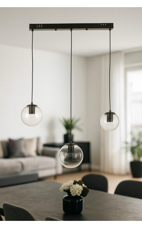 Avizemoda Pigaro 3 lü Yemek Masası Üstü Şeffaf Camlı Modern Sarkıt Avize - (Siyah Kasa)