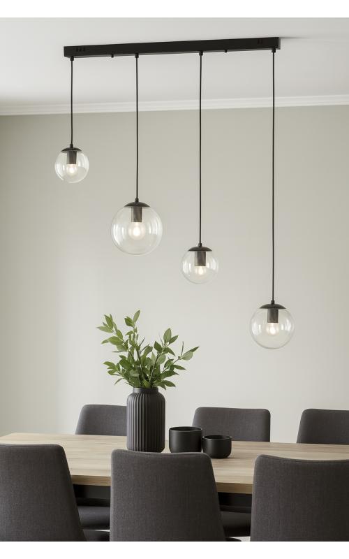 Avizemoda Pigaro 4 lü Yemek Masası Üstü Şeffaf Camlı Modern Sarkıt Avize - (Siyah Kasa)