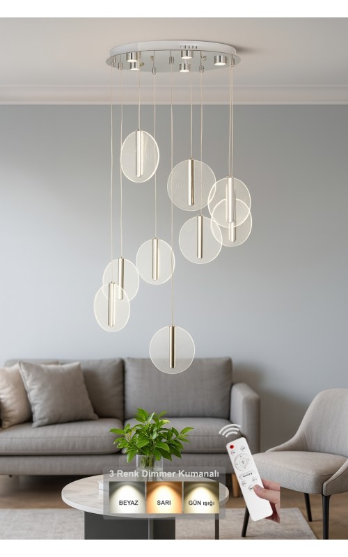 Avizemoda Lovena 9'Lu Ledli Dim. Kumandalı Modern Lüks Sarkıt Avize (3 Renk Led; Sarı-Beyaz-Gün ışığı) - KROM