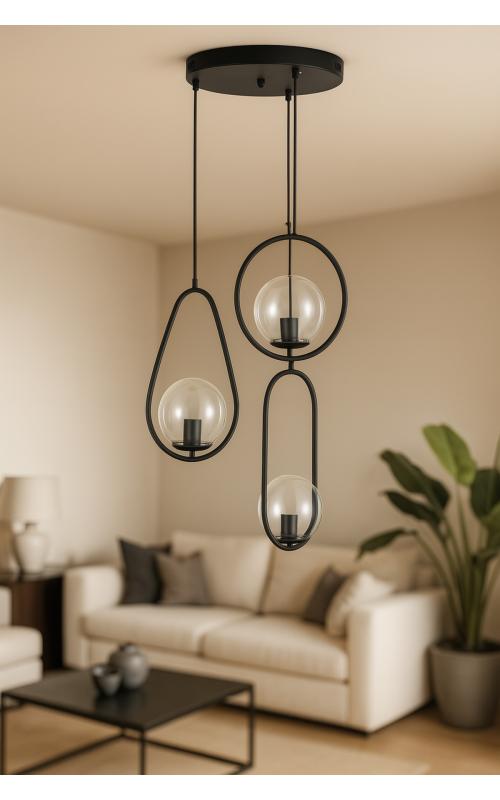 Avizemoda Serra 3'lü Şeffaf Camlı Salon Oturma Odası Modern Sarkıt Avize - Siyah