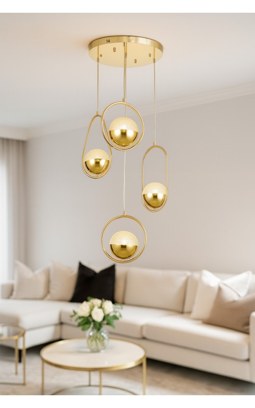 Avizemoda Serra 4'lü Akrilik Toplu Salon Oturma Odası Modern Sarkıt Avize - Gold Kaplama