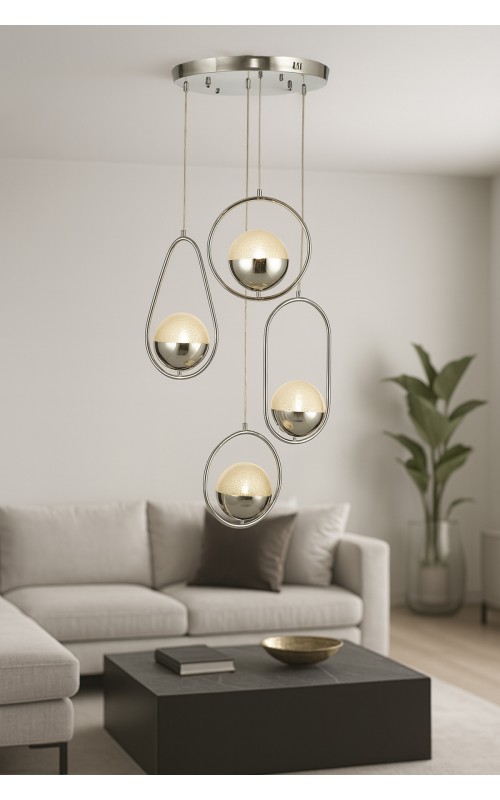 Avizemoda Serra 4'lü Akrilik Toplu Salon Oturma Odası Modern Sarkıt Avize - Krom Kaplama