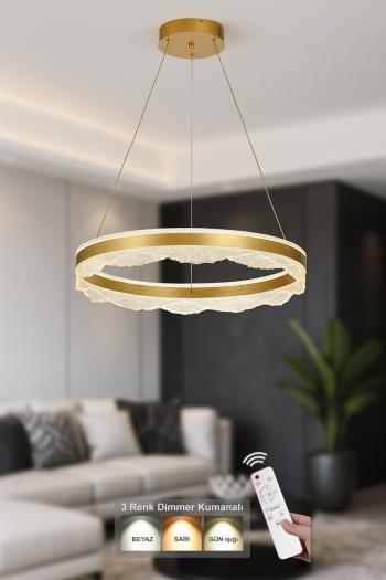 Avizemoda Estilo 60 cm Dimmer Kumandalı 3 Renk Ledli (Sarı-Beyaz-Gün Işığı) Modern Akrilik Avize - Sarı Yaldız