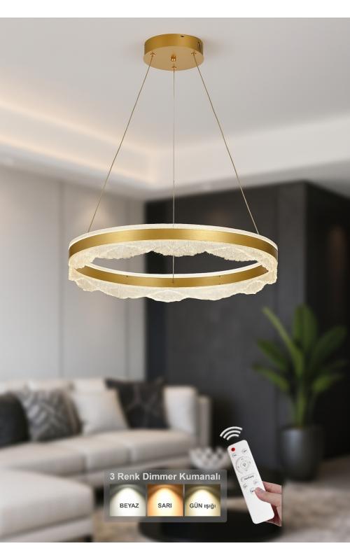 Avizemoda Estilo 60 cm Dimmer Kumandalı 3 Renk Ledli (Sarı-Beyaz-Gün Işığı) Modern Akrilik Avize - Sarı Yaldız
