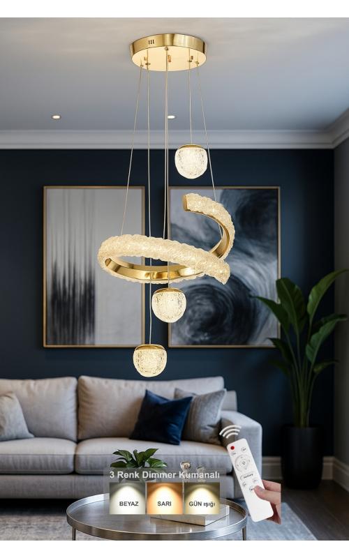 Avizemoda Milly 3'lü Dimmer Kumandalı 3 Renk Ledli (SARI-BEYAZ-GÜN IŞIĞI) Modern Akrilik Avize - Gold