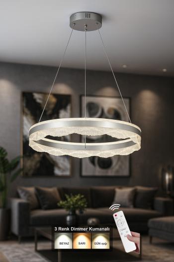 Avizemoda Estilo 60 cm Dimmer Kumandalı 3 Renk Ledli (Sarı-Beyaz-Gün Işığı) Modern Akrilik Avize - Gümüş