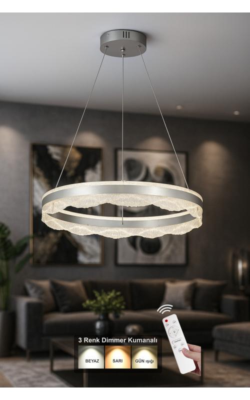 Avizemoda Estilo 60 cm Dimmer Kumandalı 3 Renk Ledli (Sarı-Beyaz-Gün Işığı) Modern Akrilik Avize - Gümüş