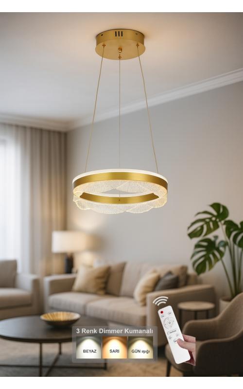 Avizemoda Estilo 40 cm Dimmer Kumandalı 3 Renk Ledli (Sarı-Beyaz-Gün Işığı) Modern Akrilik Avize - Sarı Yaldız