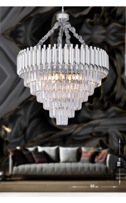 Avizemoda Palmira 60 cm'lik Kristal Taşlı Lüks Avize - (Gümüş-yaldız)