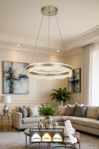 Avizemoda Estilo 50 cm Dimmer Kumandalı 3 Renk Ledli (Sarı-Beyaz-Gün Işığı) Modern Akrilik Avize - Gümüş