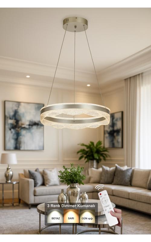 Avizemoda Estilo 50 cm Dimmer Kumandalı 3 Renk Ledli (Sarı-Beyaz-Gün Işığı) Modern Akrilik Avize - Gümüş
