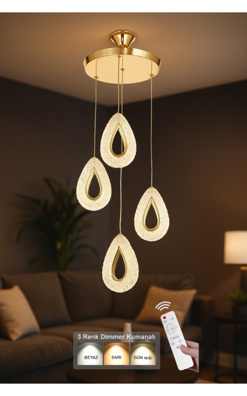 Avizemoda Dali 4'Lü Ledli Dim Kumandalı Modern Akrilik Sarkıt Avize (3 Renk Led; Sarı-Beyaz-Gün ışığı) - GOLD