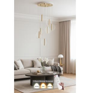 Avizemoda Lovena 7'Li Ledli Dim. Kumandalı Modern Lüks Sarkıt Avize (3 Renk Led; Sarı-Beyaz-Gün ışığı) - GOLD