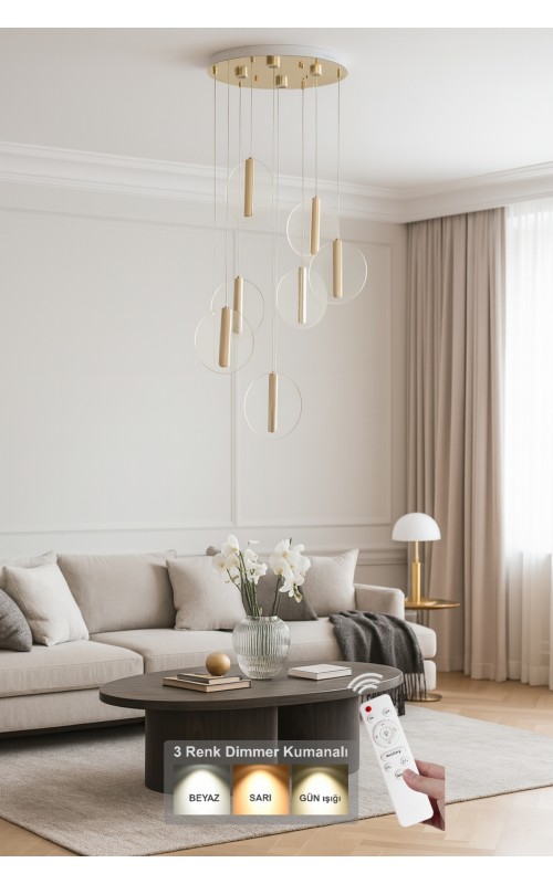 Avizemoda Lovena 7'Li Ledli Dim. Kumandalı Modern Lüks Sarkıt Avize (3 Renk Led; Sarı-Beyaz-Gün ışığı) - GOLD