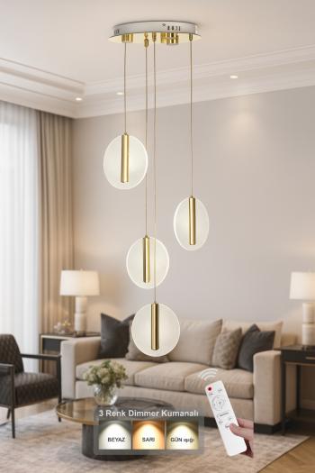 Avizemoda Lovena 4'Lü Ledli Dim Kumandalı Modern Lüks Sarkıt Avize (3 Renk Led; Sarı-Beyaz-Gün ışığı) - GOLD