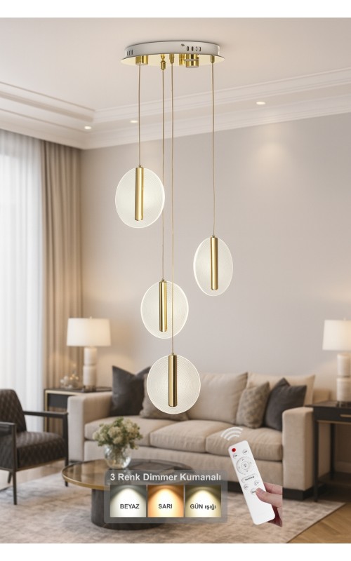 Avizemoda Lovena 4'Lü Ledli Dim Kumandalı Modern Lüks Sarkıt Avize (3 Renk Led; Sarı-Beyaz-Gün ışığı) - GOLD
