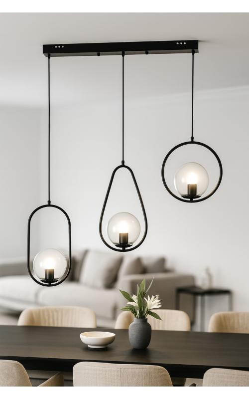 Avizemoda Serra 3'lü Yemek Masası Üstü Şeffaf Camlı Salon Oturma Odası Modern Sarkıt Avize - Siyah