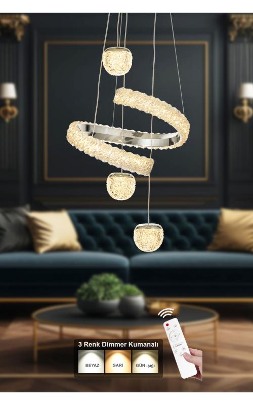 Avizemoda Milly 3'lü Dimmer Kumandalı 3 Renk Ledli (SARI-BEYAZ-GÜN IŞIĞI) Modern Akrilik Avize - Krom