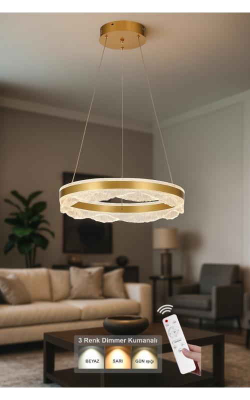 Avizemoda Estilo 50 cm Dimmer Kumandalı 3 Renk Ledli (Sarı-Beyaz-Gün Işığı) Modern Akrilik Avize - Sarı Yaldız