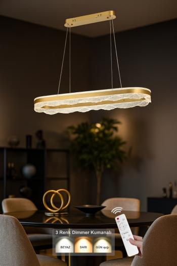 Avizemoda Estilo 100x30 cm Dim Kumandalı 3 Renk Ledli (Sarı-Beyaz-Gün Işığı) Modern Akrilik Avize -Sarı Yaldız